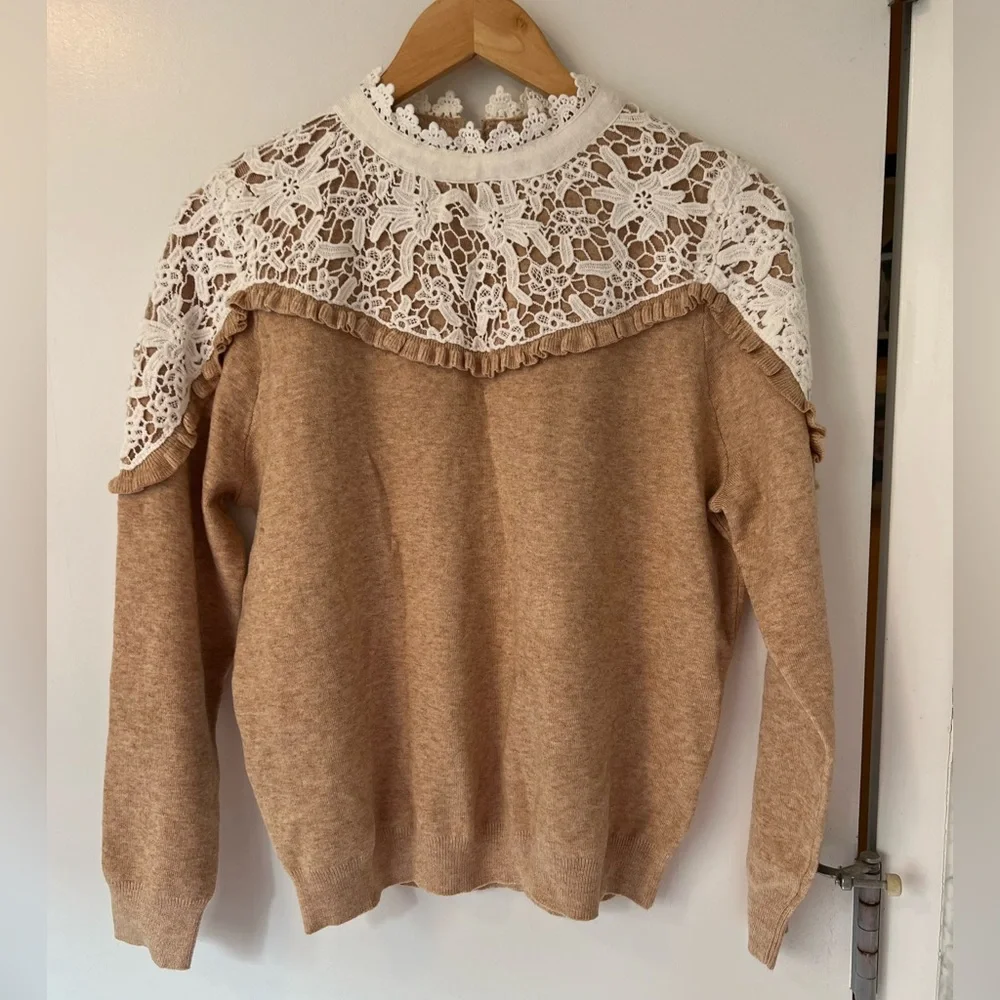 Alice Blue Tan Sweater with Lace Appliqué - Picture 1 of 8